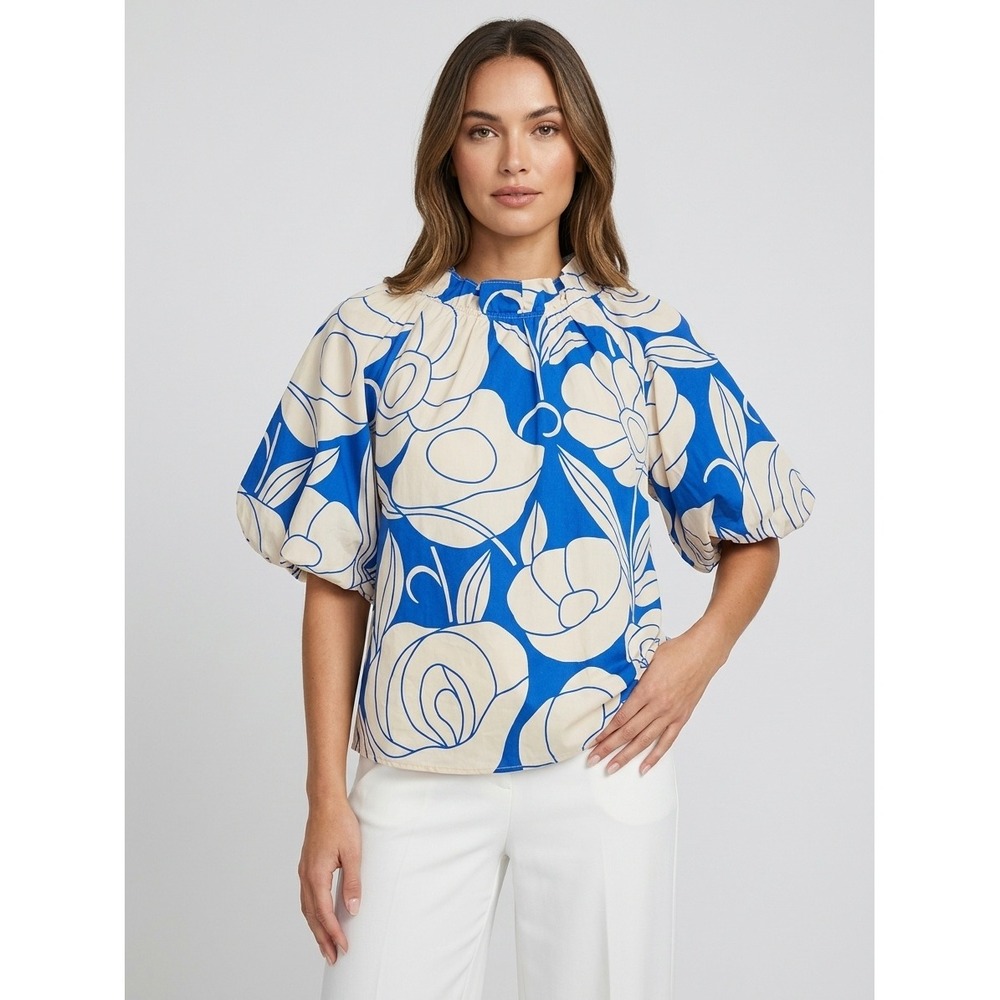 Odeeh Blue Floral Cotton Puff Sleeve Ruffle Neck Blouse Top Women Size EU 34